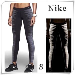 NIKE Flash Reflective 7/8 lengths Running Leggings Tights Black with Silver Sz S